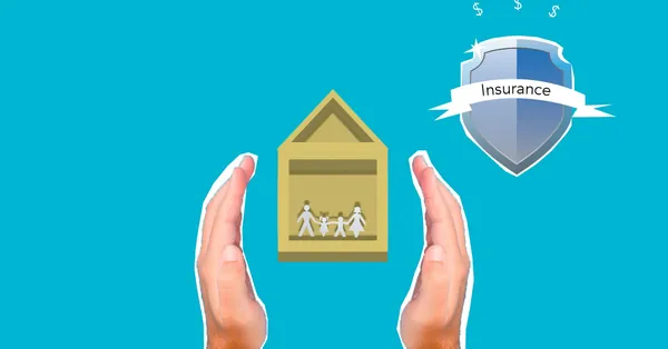 Decorative cardboard illustration of person hands protecting house with human figures near shield with Insurance inscription on blue background cutout paper appliques of house with family and insurance symbol