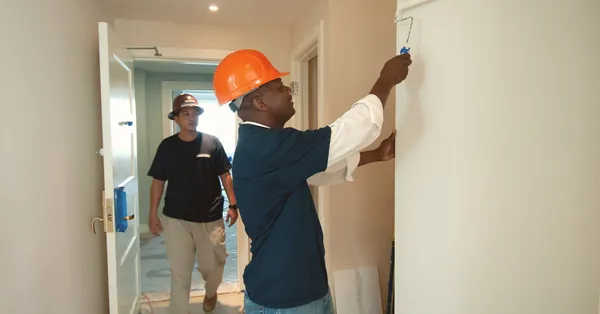 Two construction workers painting and renovating an interior. Focus on teamwork and home improvement. construction workers painting interior walls