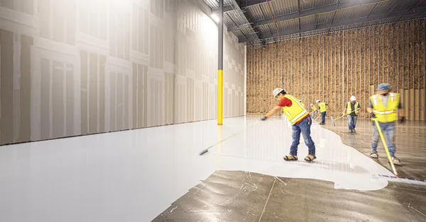 Construction workers in hard hats and vests laying a fresh concrete floor inside a building in Dallas, Texas. construction workers laying new concrete floor